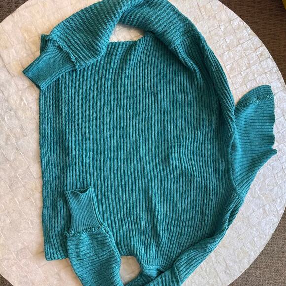 Free People Marlie sweater oversized sz Large L teal turquoise blue ribbed knit - Picture 7 of 8